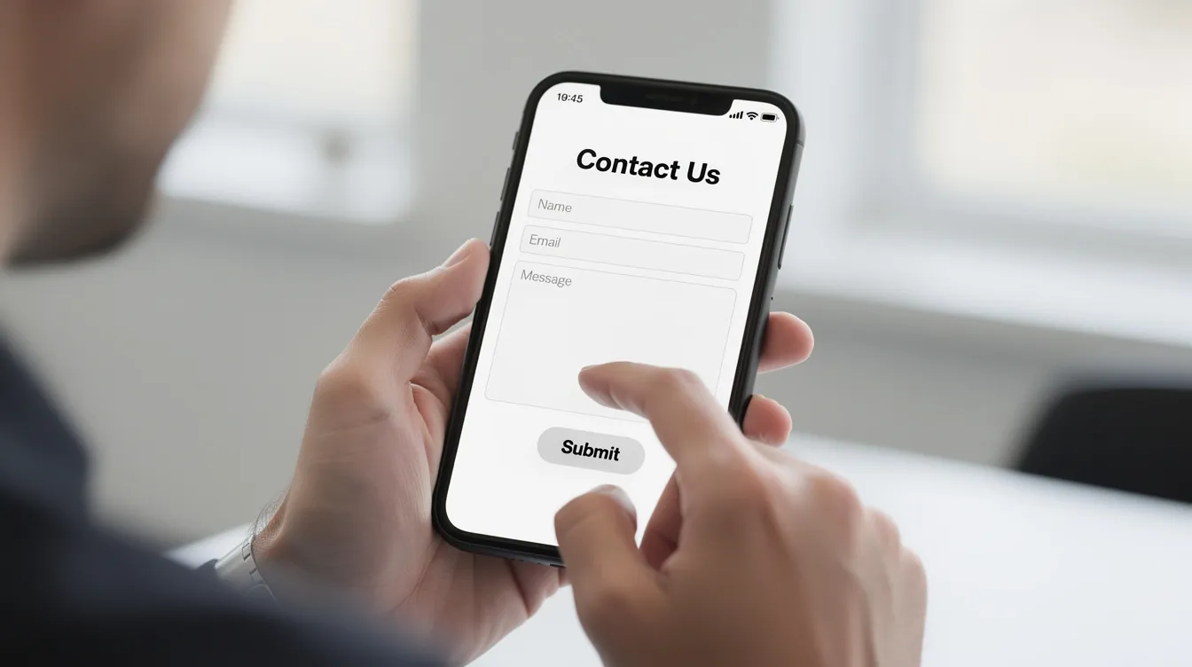 A person is tapping on a sleek, modern mobile phone screen displaying a simple contact form, emphasizing the importance of guiding visitors through their customer journey to generate more qualified leads. This image highlights how effective digital marketing strategies can enhance website traffic and ultimately lead to business growth.