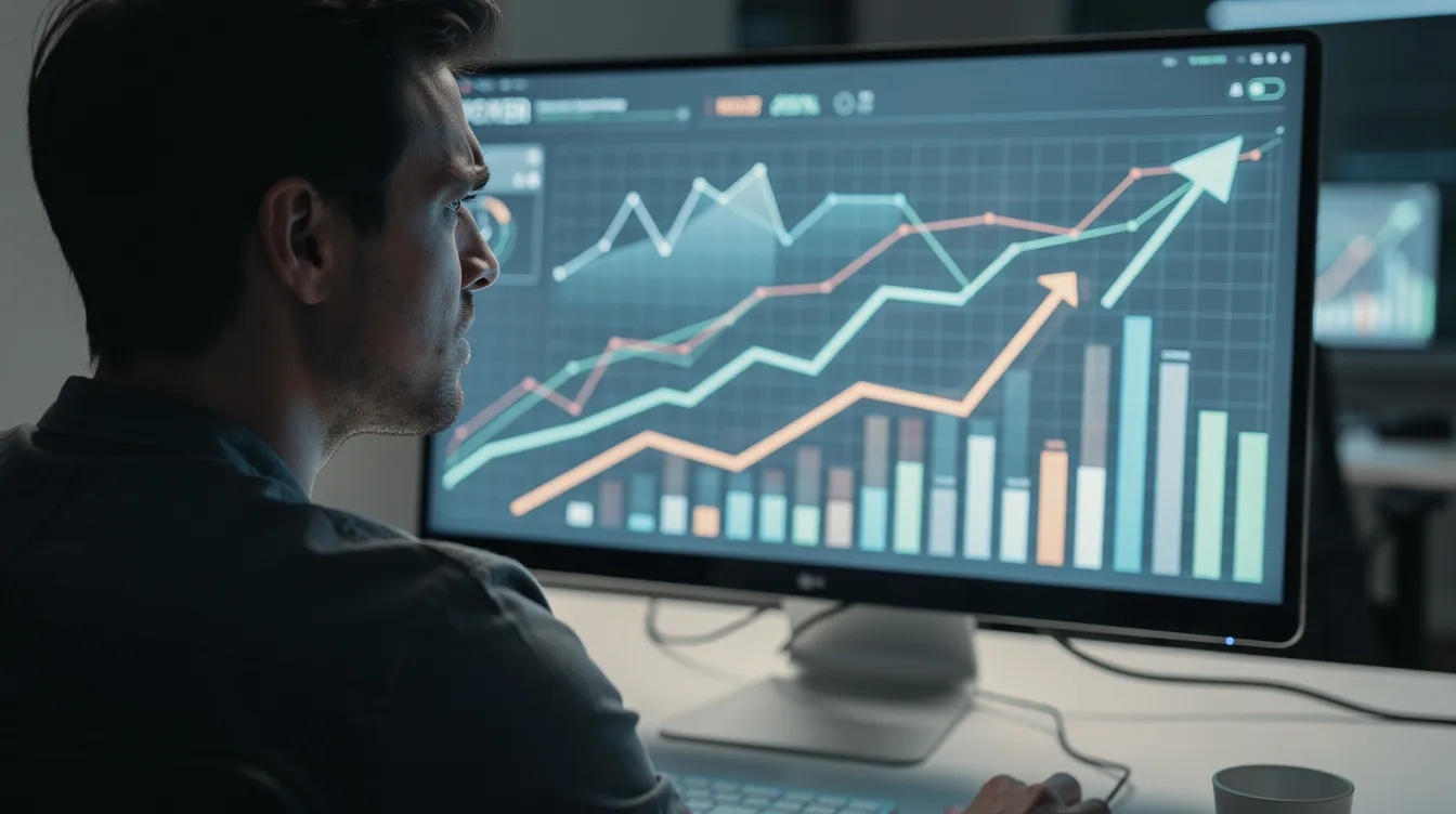 A person is staring at a computer dashboard filled with upward-trending charts but appears puzzled, highlighting the idea that while more website traffic can attract visitors, it doesn't always lead to qualified leads or business growth. The confusion suggests that not all traffic is beneficial, emphasizing the importance of traffic quality in effective marketing efforts.