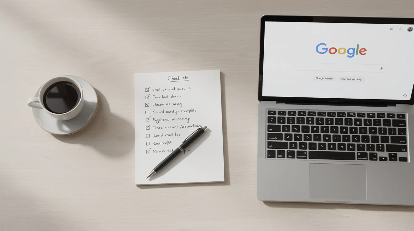 The image depicts a desktop workspace featuring a checklist notepad, a coffee cup, and a laptop displaying a Google search page, symbolizing the preparation and strategy involved in managing Google Ads campaigns for small business owners. This setup emphasizes the importance of effective ad spend and targeting the right keywords to enhance business growth and online sales.