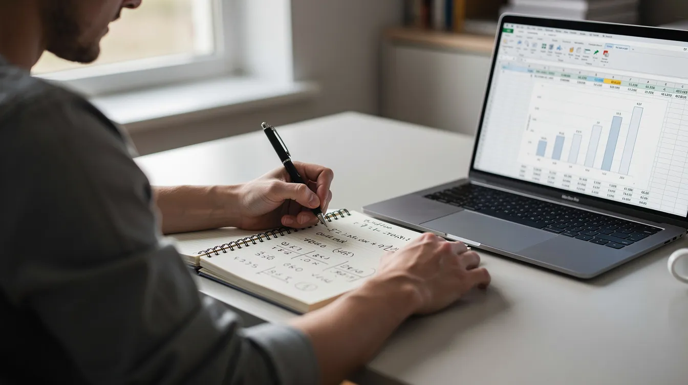The image shows a person focused on writing calculations in a notebook, positioned next to a laptop displaying a spreadsheet filled with data. This scene reflects the analytical side of managing Google Ads campaigns, which is crucial for small business owners to optimize their ad spend and track conversions effectively.