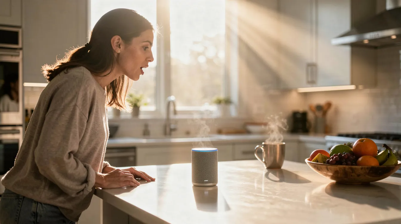 A person is speaking to a smart speaker on a kitchen counter, illuminated by soft morning light, illustrating how AI-powered search systems can enhance local visibility for businesses by providing direct answers to user questions. This scene highlights the integration of AI tools in everyday life, emphasizing the importance of local SEO and digital marketing strategies.