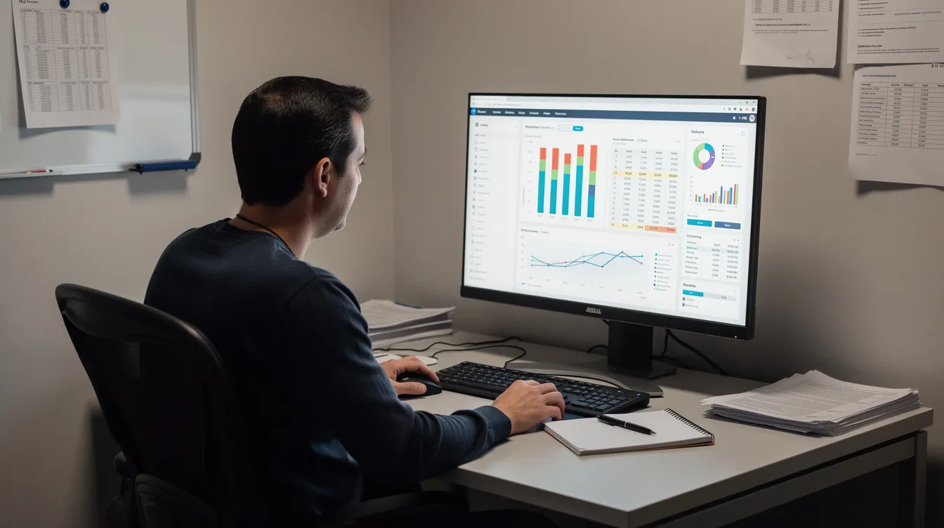 The image shows a person focused on reviewing data displayed on a computer monitor in a small office, likely analyzing their Google Ads campaigns to optimize ad spend and track conversions for business growth. This setting highlights the importance of effective digital marketing strategies for small business owners.