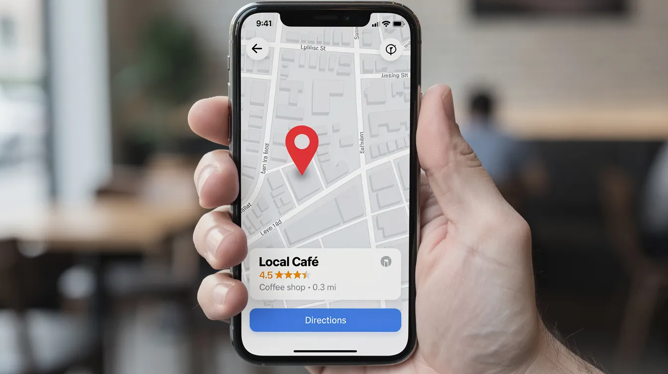The image shows a smartphone screen displaying a map pin icon, indicating a local business search result. This visual represents the importance of attracting qualified leads and generating more website traffic to enhance business growth and customer journey.