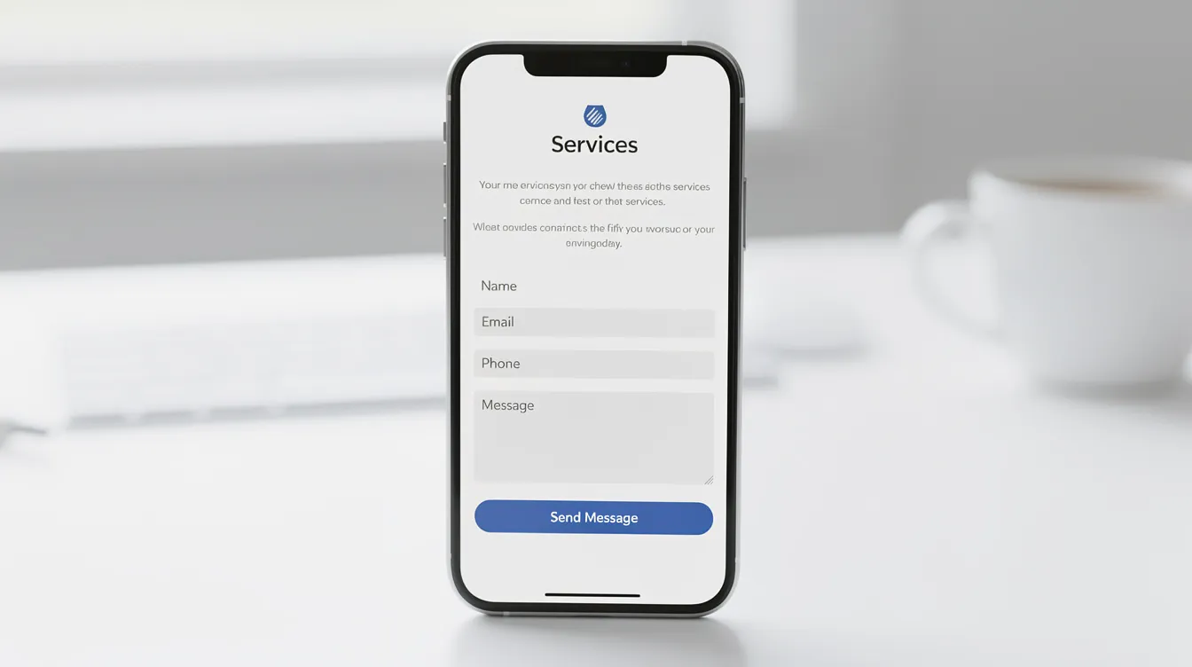 The image shows a smartphone displaying a clean service page featuring a contact form, ideal for small business owners looking to manage Google Ads campaigns effectively. This setup emphasizes the importance of compelling ad copy and conversion tracking for generating leads and achieving business growth.