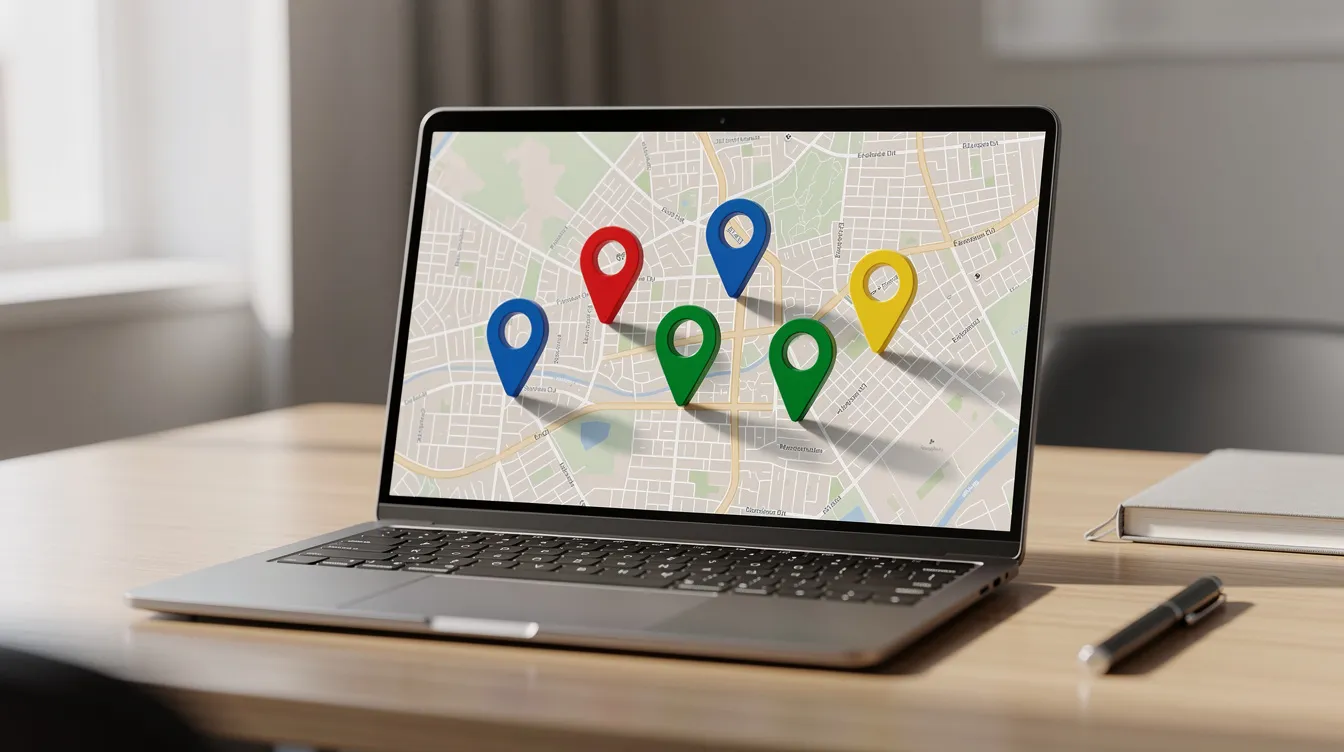 A laptop sits on a desk, showcasing a digital map filled with various colored location pins, representing local businesses and their visibility in search results. This image highlights the importance of AI-powered search tools in enhancing local search and optimizing Google Business Profiles for improved local SEO.
