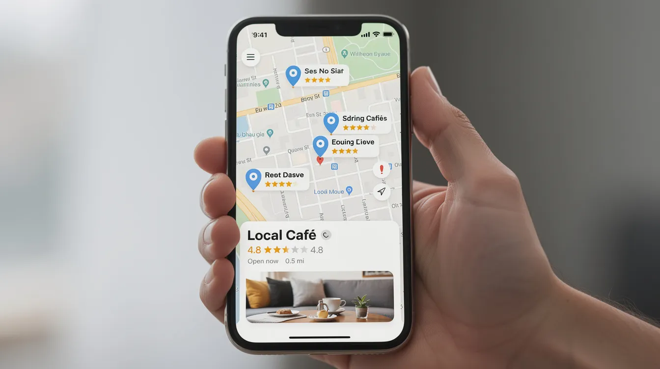 A person is holding a smartphone displaying a map listing of a local business, complete with star ratings and business details, illustrating the importance of local SEO for enhancing search visibility and attracting potential customers in the local community. This image highlights how effective local search engine optimization can improve a business's online presence and rankings in local search results.