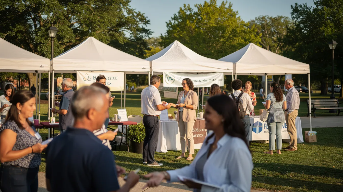 The image depicts a vibrant local community event held outdoors in a park, featuring colorful tents and groups of people networking and engaging with one another. This gathering highlights the importance of local SEO strategies for small businesses, as they connect with potential customers in their local area.