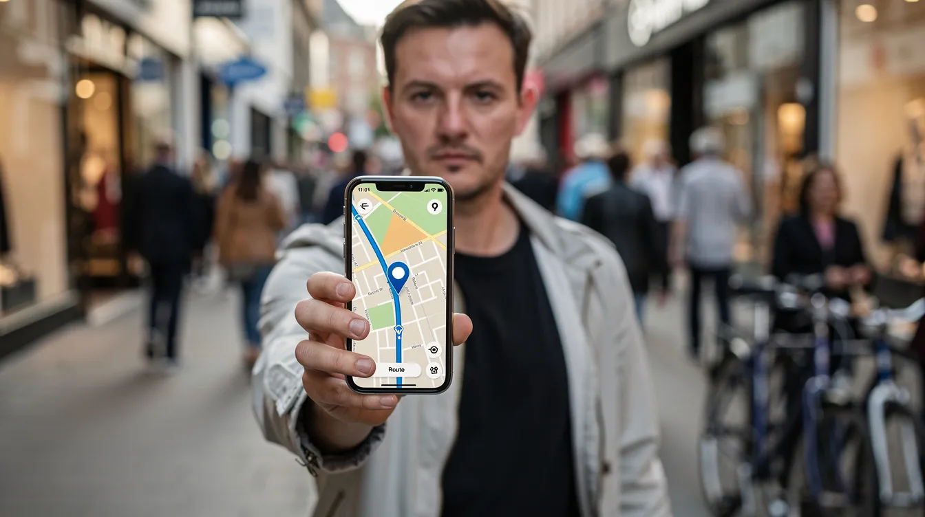 A person is walking along a busy high street, engrossed in their smartphone, which displays a map application. This scene highlights the importance of local visibility for businesses, as users rely on AI-powered search tools to navigate and discover nearby locations.