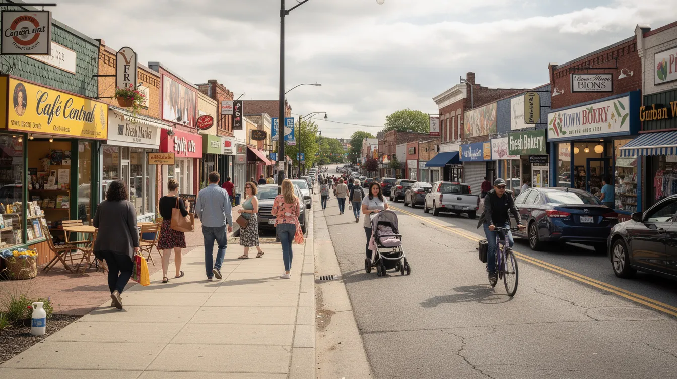 The image depicts a bustling local high street filled with diverse small business storefronts, where pedestrians are actively walking past. This vibrant scene highlights the importance of local SEO strategies for small businesses to enhance their visibility and attract potential customers in the community.