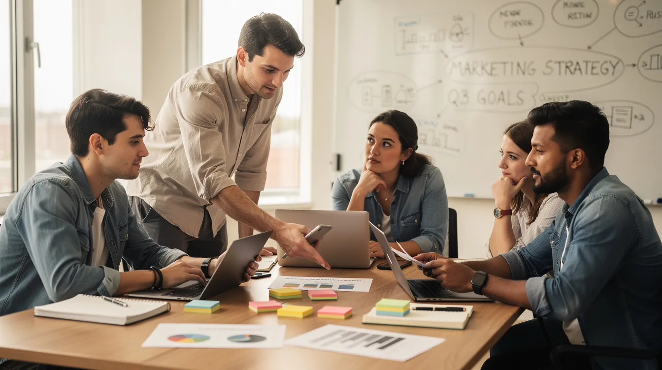 A small team is gathered around a table, collaborating with laptops and notebooks to develop a marketing strategy focused on enhancing local visibility for businesses. They are likely discussing AI-driven search tools and SEO strategies to improve their online presence and search results.