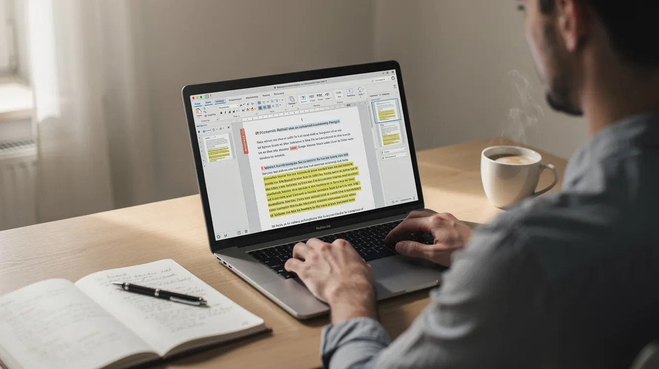 The image depicts a person focused on editing text on a laptop, surrounded by notes and a coffee cup, symbolizing an efficient content editing workflow. This scene highlights the integration of AI tools in digital marketing, showcasing how they can save time and streamline repetitive tasks for marketing teams.
