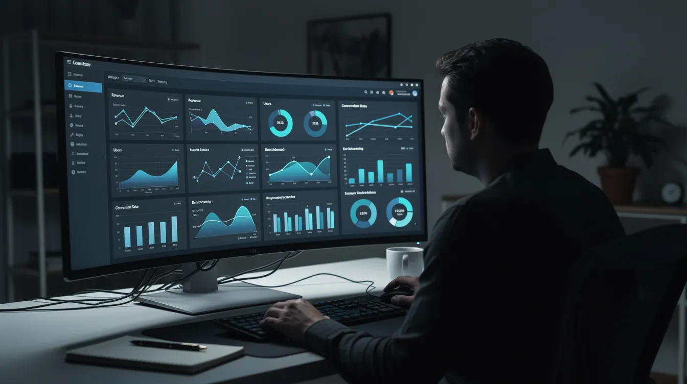 The image shows a person intently reviewing analytics dashboards on a large monitor in a dimly lit office, highlighting the use of advanced AI agents and tools for business operations and decision-making. The analytical data displayed suggests a focus on executing complex workflows and enhancing efficiency in everyday tasks.