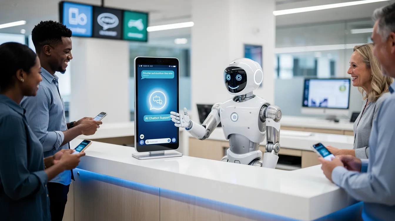 The image depicts a friendly robot assistant engaging with customers at a sleek, modern service counter, symbolizing the role of AI chatbots in providing support and enhancing customer engagement. This scene illustrates how AI tools can streamline business processes and save time by assisting with routine queries and administrative tasks.