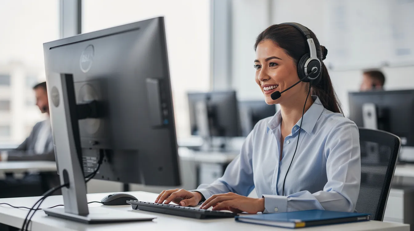 A customer service representative wearing a headset smiles at a computer screen, embodying the role of an intelligent agent in business operations. This image highlights the human team's engagement with advanced AI agents, showcasing the integration of technology in executing complex workflows and completing multi-step tasks.