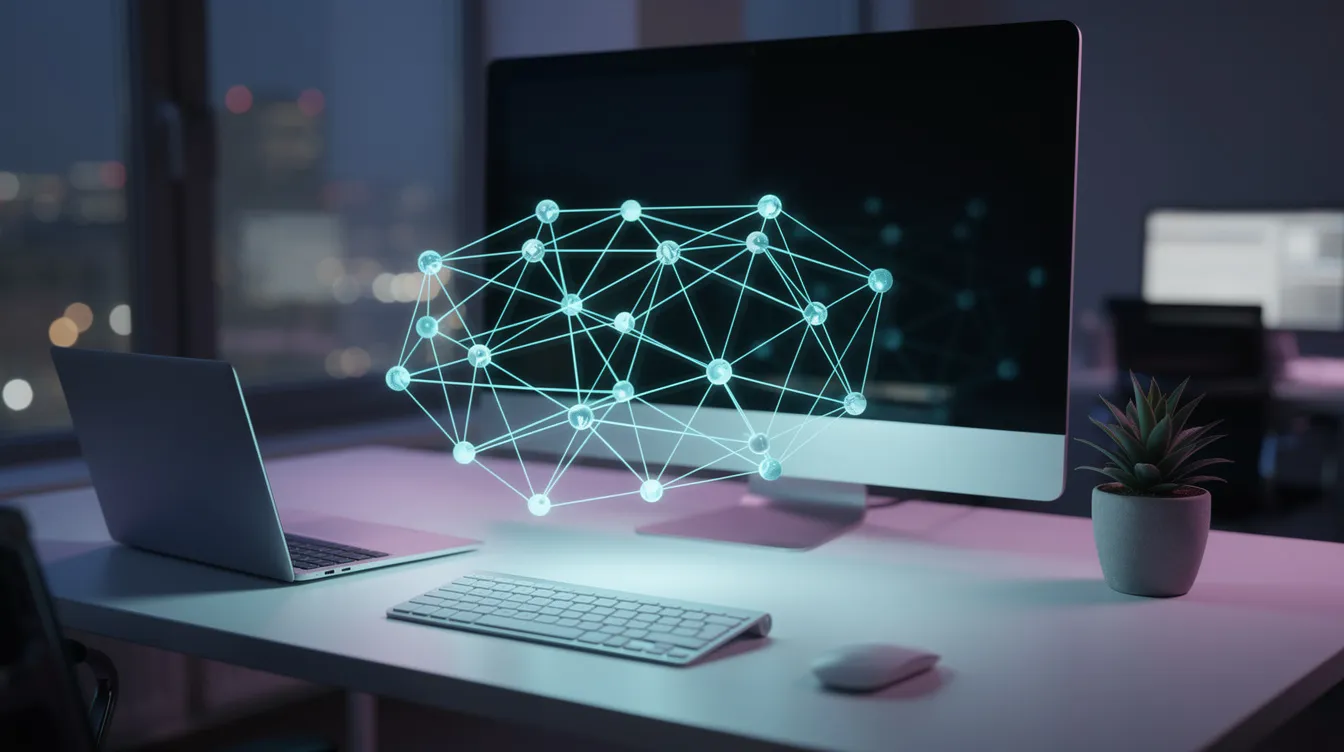 The image depicts a glowing digital network with interconnected nodes floating above a modern office desk, symbolizing the advanced capabilities of AI agents in executing complex workflows and performing everyday tasks. This visual representation highlights the integration of intelligent agents into business operations, enhancing productivity for both technical and non-technical users.