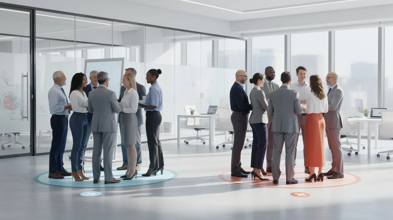 The image depicts diverse groups of people standing in distinct clusters within a modern workspace, symbolizing customer segmentation. This representation highlights how integrating AI tools can enhance marketing efforts by providing actionable insights and optimizing business processes.