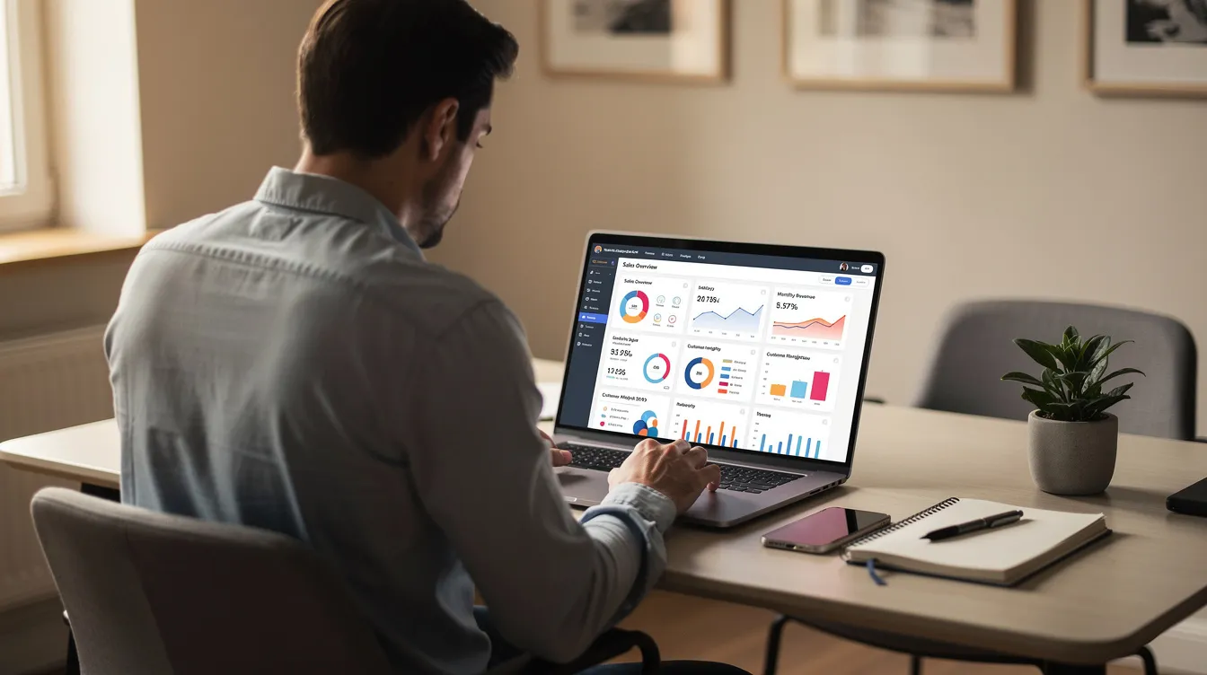 A small business owner is seated at a modern desk, intently reviewing software dashboards on a laptop, which showcase various metrics and insights related to their business operations. This scene highlights the use of automation tools to streamline workflows and reduce manual tasks, emphasizing the importance of effective management for small business automation.