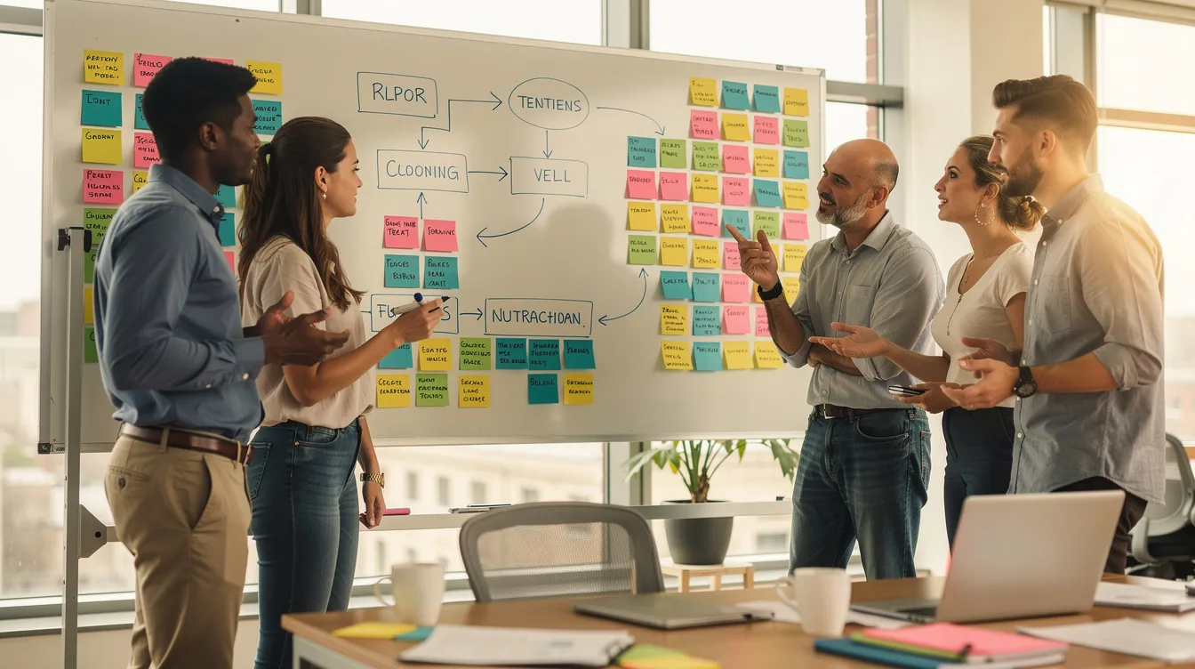 A diverse team is collaborating around a whiteboard filled with colorful sticky notes and detailed workflow diagrams, illustrating their efforts to streamline business processes and enhance project management. This scene highlights the importance of automation tools for small business operations, as they work together to identify bottlenecks and automate repetitive tasks.