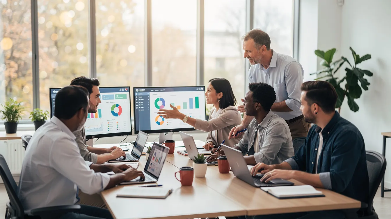 The image depicts a diverse small business team collaborating in a bright, modern office, equipped with laptops and monitors. They are engaged in workflow automation, utilizing various automation tools to streamline their business processes and enhance productivity while minimizing manual effort.