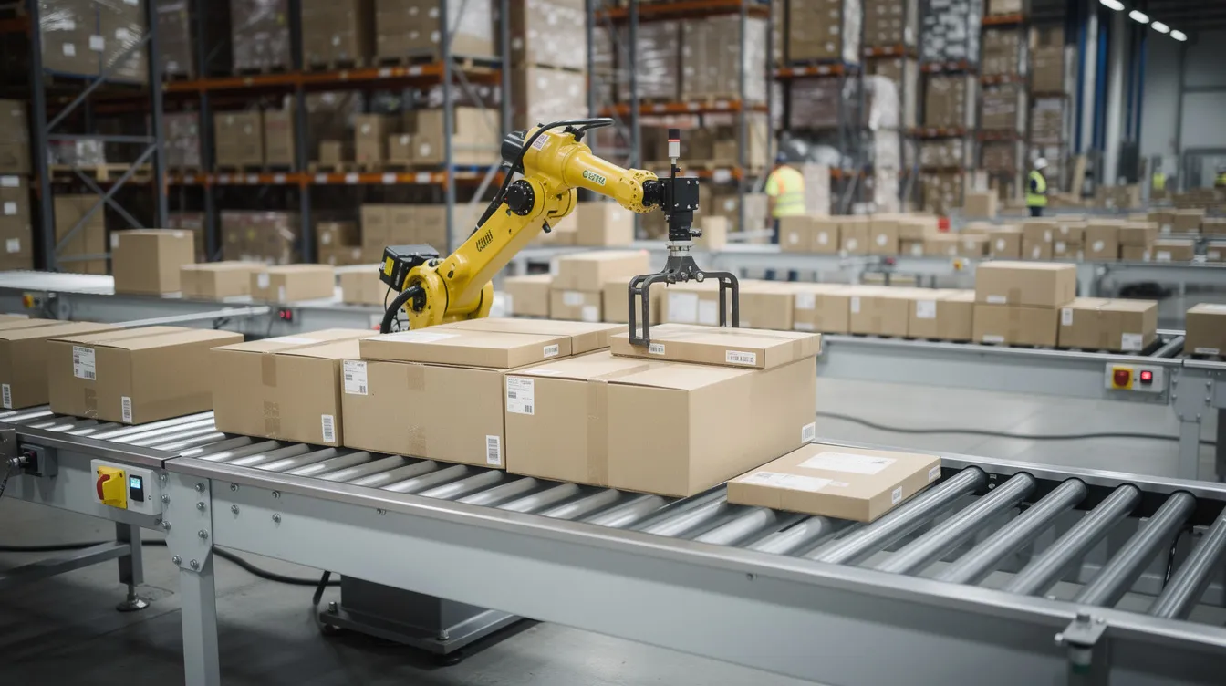 The image shows a robotic arm efficiently sorting packages on a conveyor belt within a warehouse setting, demonstrating the capabilities of advanced AI agents to execute repetitive tasks and manage complex workflows in business operations. This intelligent agent is a part of a multi-agent system designed to improve efficiency and reduce human involvement in everyday tasks.