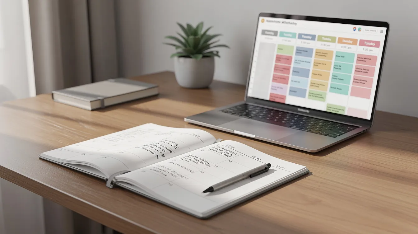 The image showcases a clean, modern calendar planner placed on a desk alongside a laptop displaying an organized schedule, symbolizing effective time management. This setup highlights how integrating AI tools can help marketing teams save time and streamline business processes, enhancing productivity in both admin tasks and campaign performance.