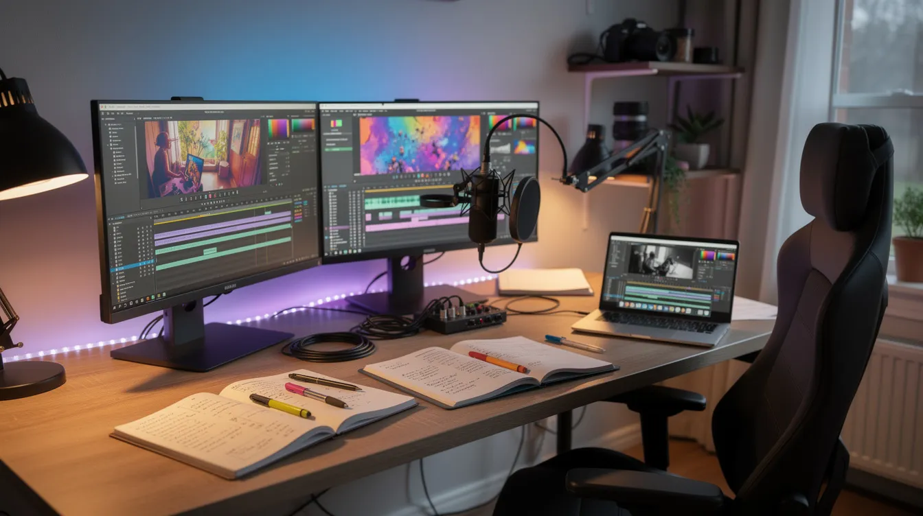 The image depicts a content creator's workspace featuring multiple computer screens displaying various digital marketing tools and analytics, alongside notebooks filled with notes. This setup is designed for enhancing brand visibility and managing digital growth strategies through effective writing content and analysis of search queries.