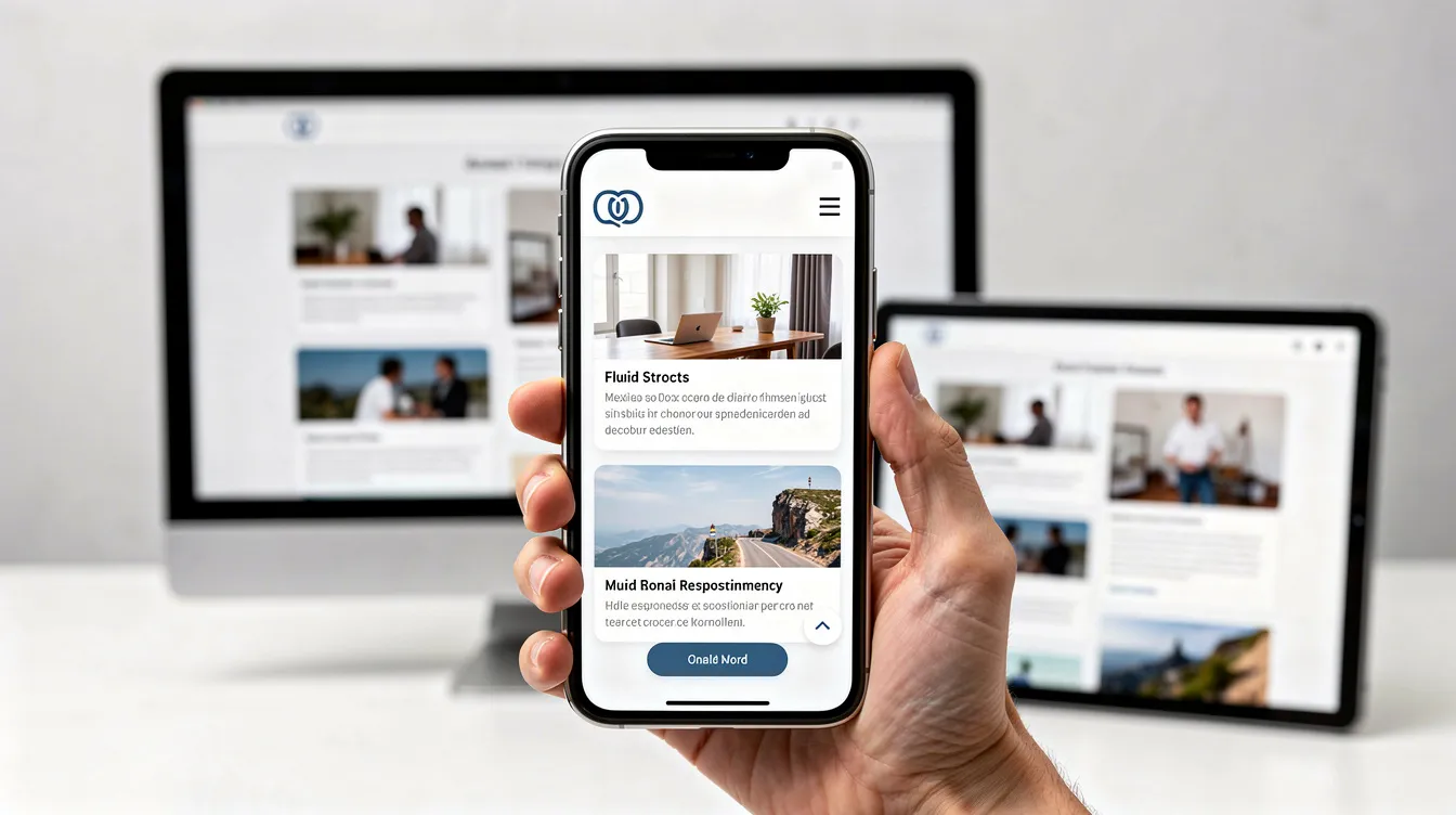 A smartphone screen showcases a responsive website layout that adjusts seamlessly to different screen sizes, demonstrating effective web design principles. The user interface highlights the visual appeal and usability, making it user-friendly for visitors accessing the site on mobile devices.