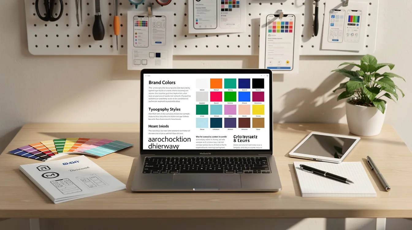 The image depicts a designer's workspace featuring a laptop with a vibrant color palette and various typography samples displayed on the screen, illustrating tools essential for creating visually appealing web pages. This setup highlights the importance of design tools and principles in developing user-friendly websites that cater to the target audience.